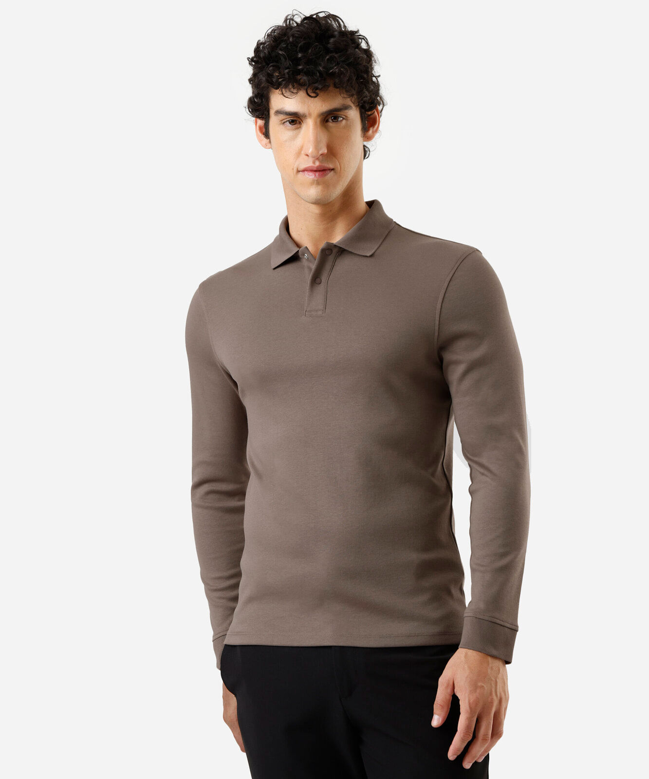 polo slim fit masculina de algodão manga longa marrom