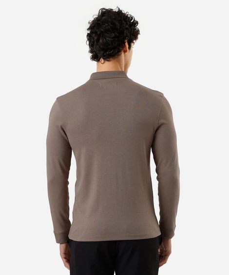 polo slim fit masculina de algodão manga longa marrom