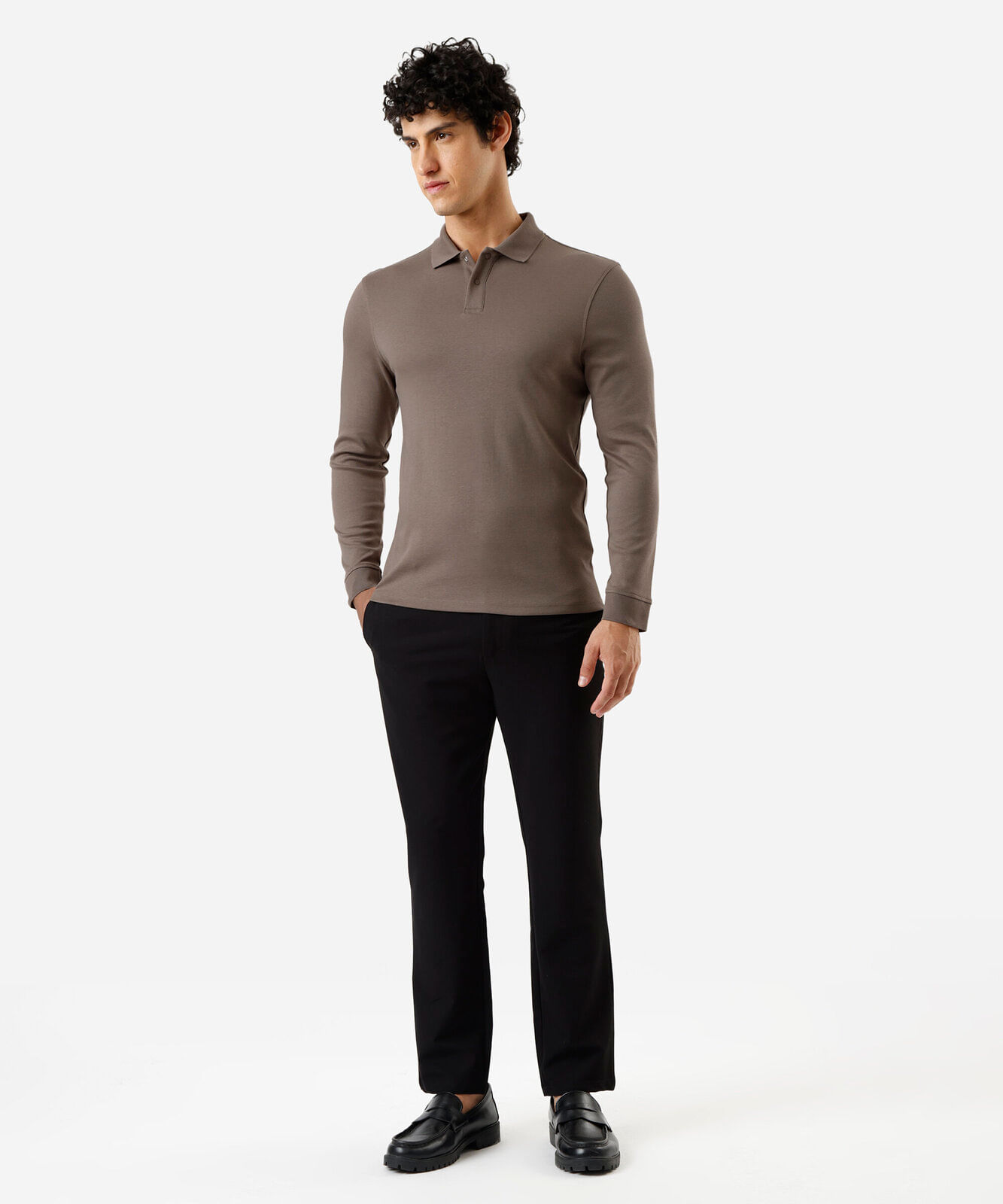 polo slim fit masculina de algodão manga longa marrom
