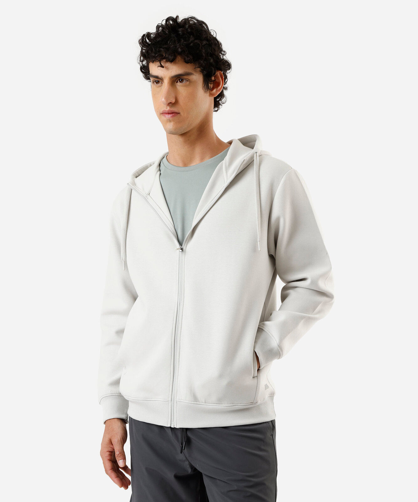 jaqueta masculina de moletom com capuz e bolso cinza