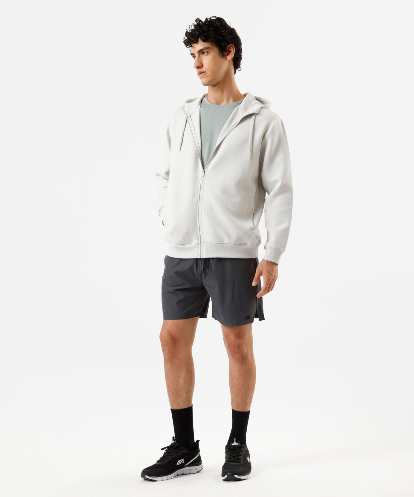 jaqueta masculina de moletom com capuz e bolso cinza