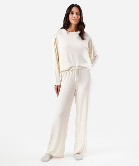 pijama longo feminino com frufru off white