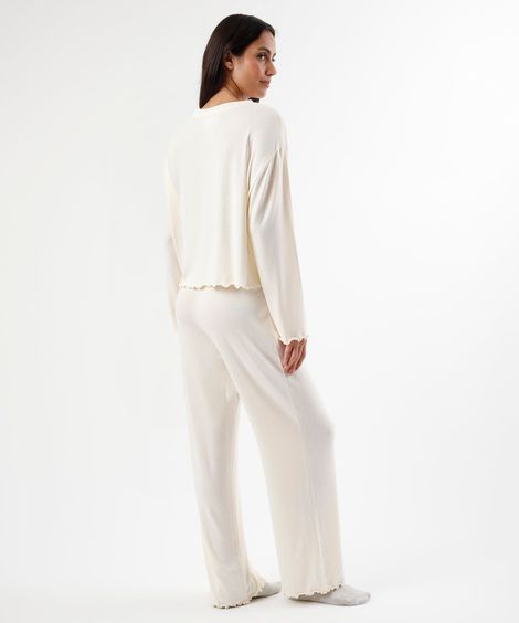 pijama longo feminino com frufru off white