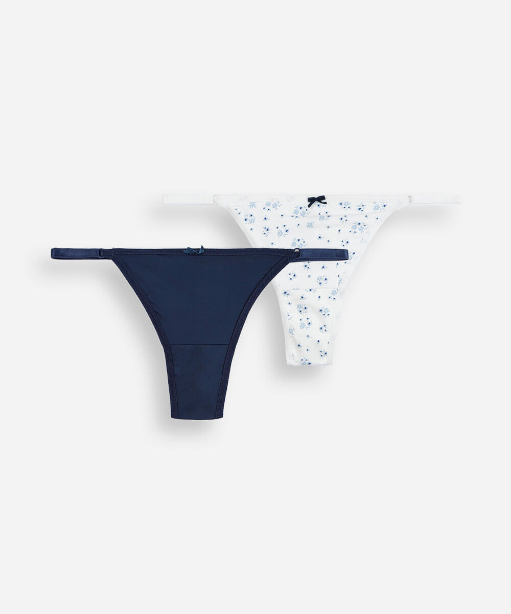 kit de 2 calcinhas string fio dental feminina de poliamida com renda estampada colorido
