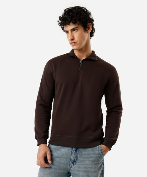 blusão masculino de moletom gola alta com zíper marrom