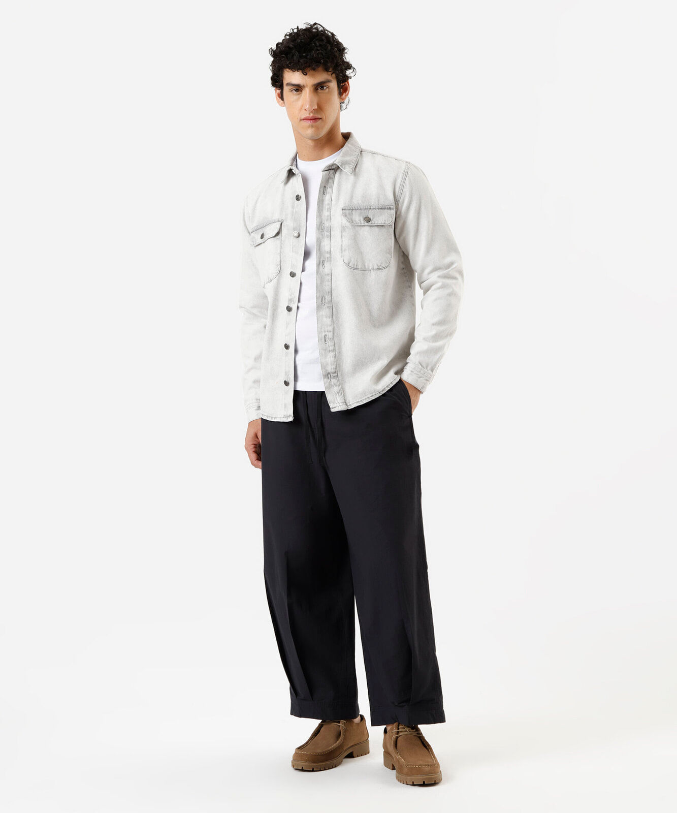 camisa masculina jeans manga longa cinza