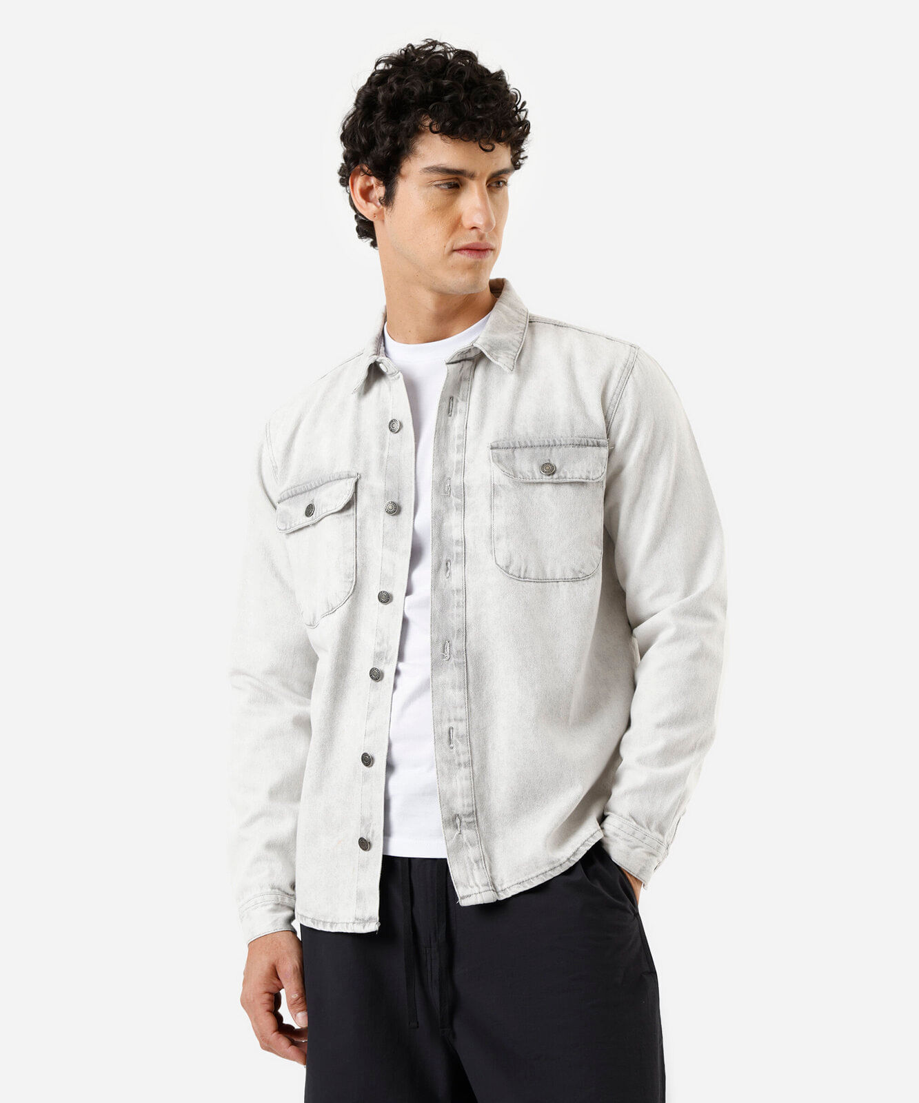 camisa masculina jeans manga longa cinza