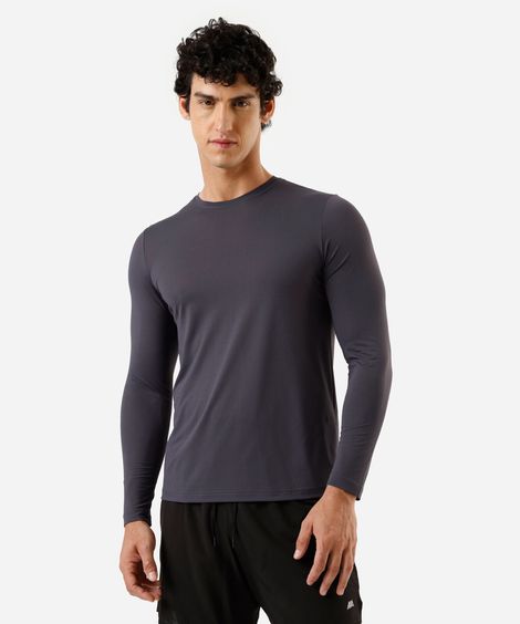 camiseta slim fit esportiva masculina de poliamida manga longa cinza