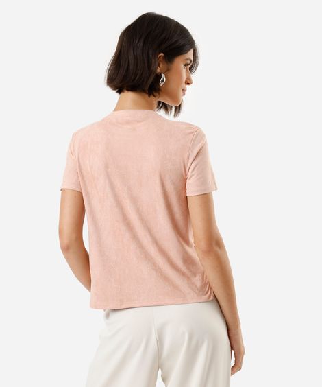 camiseta feminina de suede estampada manga curta rosa