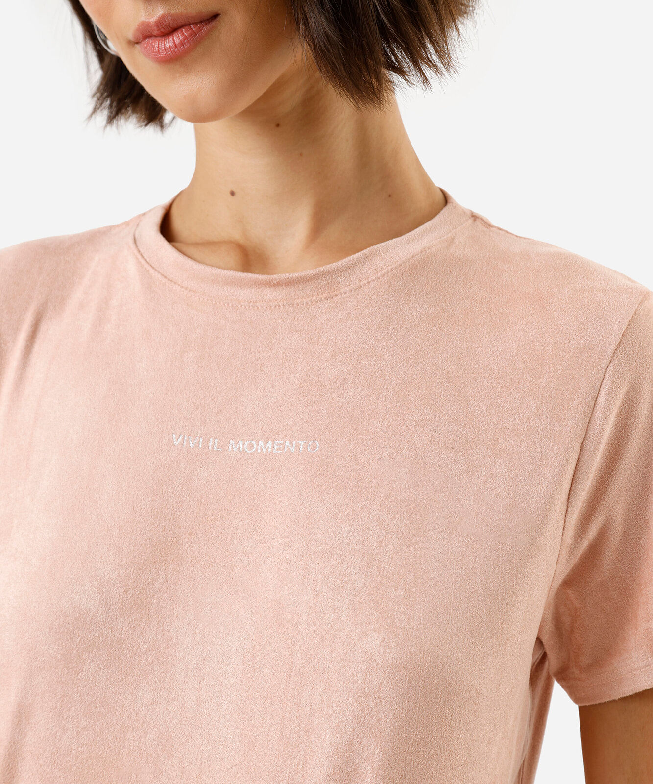 camiseta feminina de suede estampada manga curta rosa