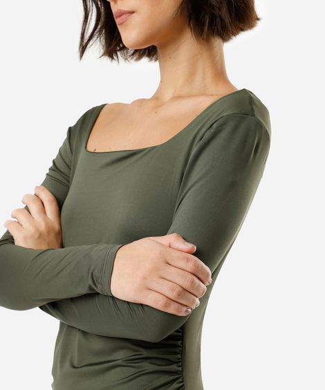 vestido midi feminino decote quadrado manga longa franzido verde