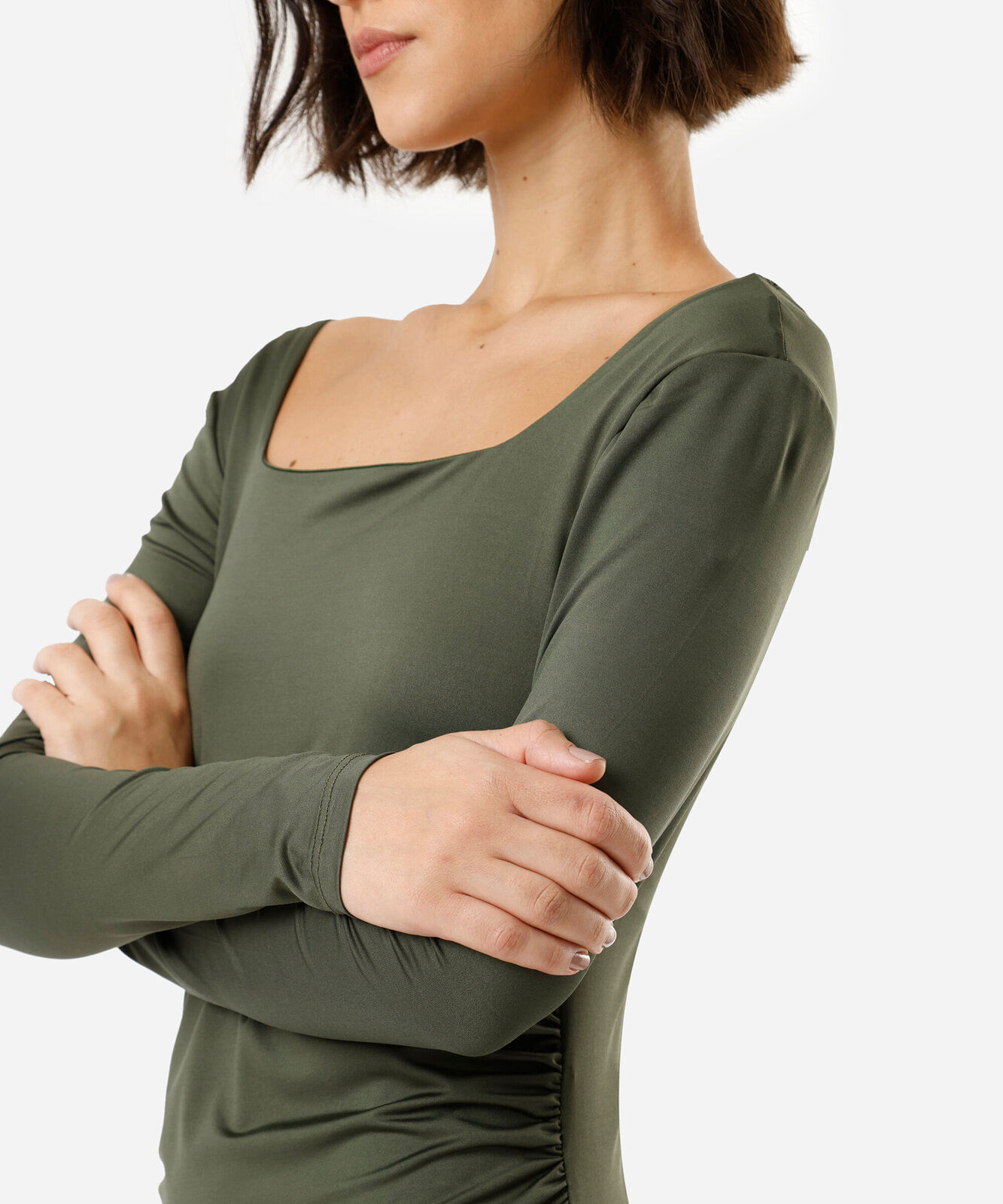 vestido midi feminino decote quadrado manga longa franzido verde