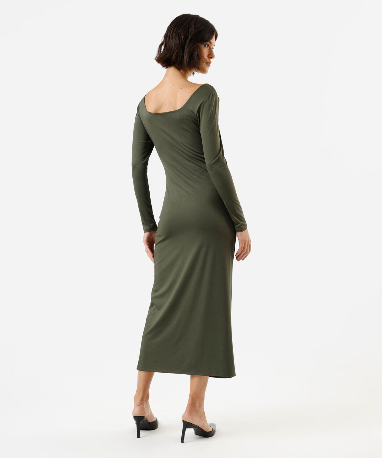 vestido midi feminino decote quadrado manga longa franzido verde
