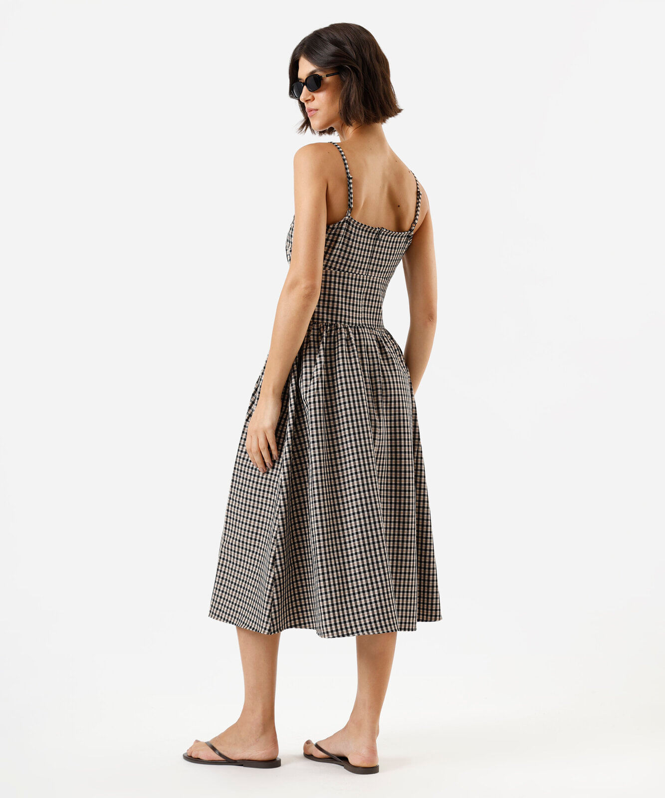 vestido midi alça fina feminino com viscose xadrez marrom