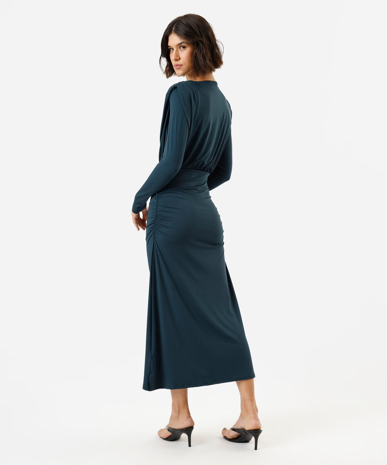 vestido midi feminina decote v manga longa verde