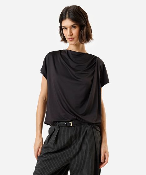 blusa feminina manga curta franzida preta