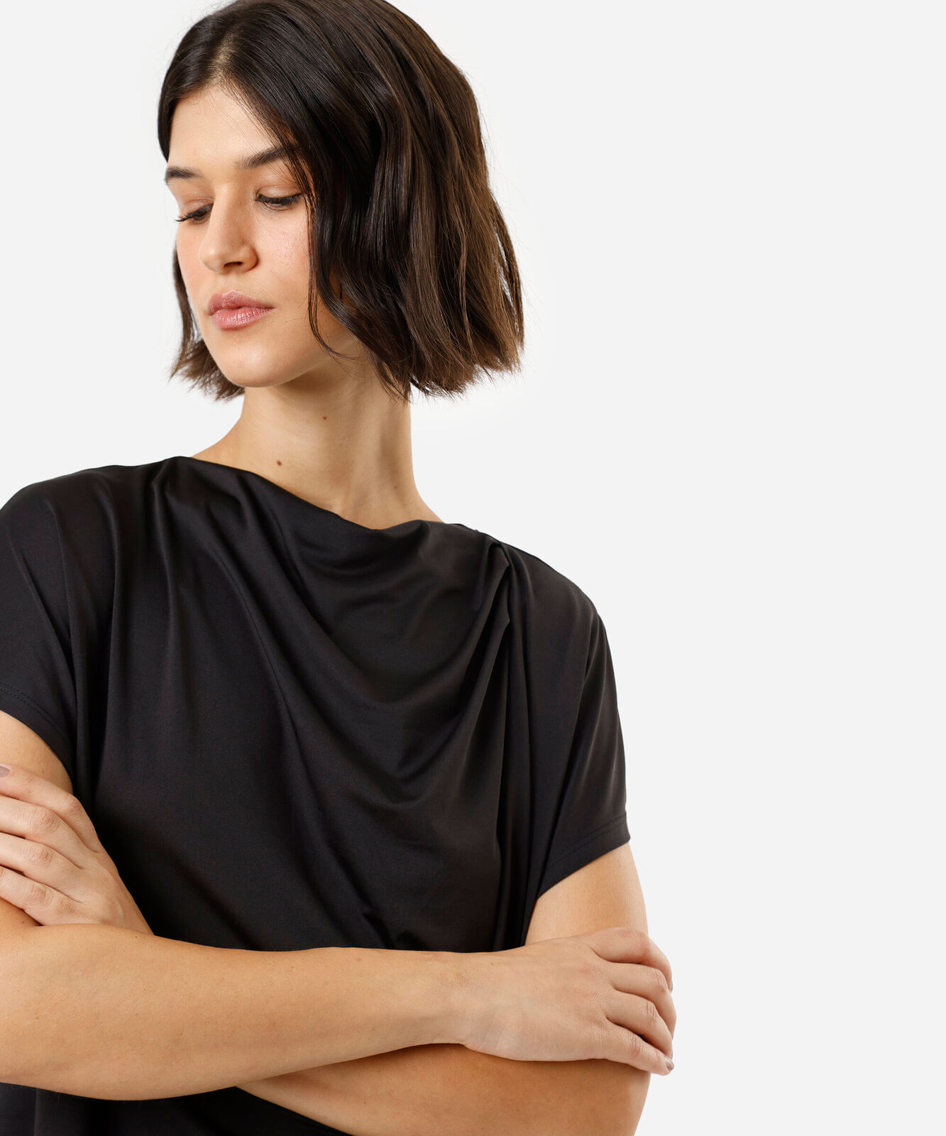 blusa feminina manga curta franzida preta
