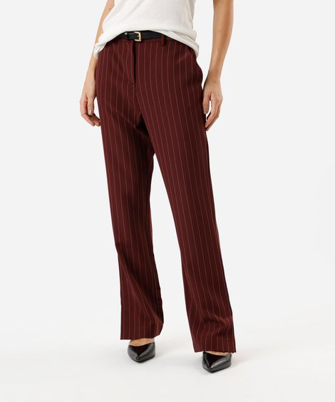 calça reta de alfaiataria feminina com fenda risca de giz vinho