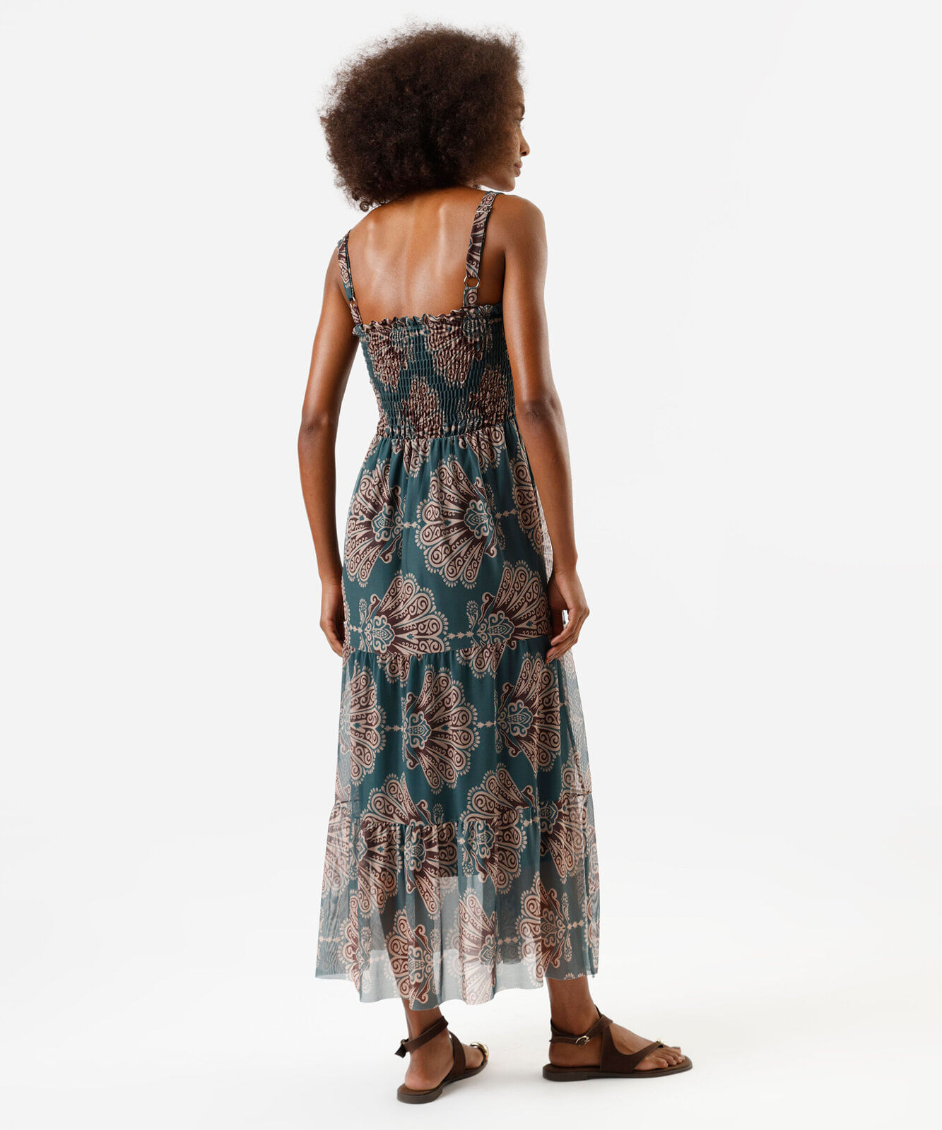 vestido midi feminino de tule com recortes étnico verde
