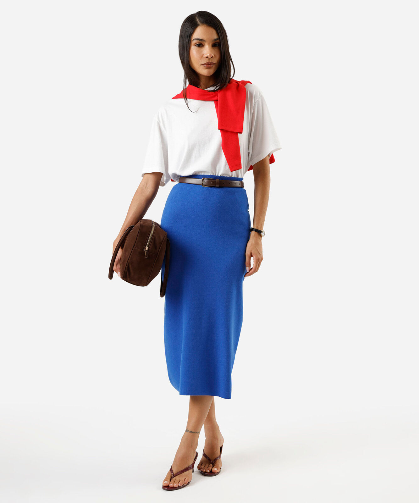 saia longa feminina de tricot canelada azul