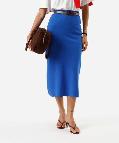 saia longa feminina de tricot canelada azul