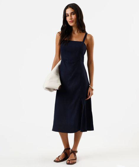 vestido midi feminino com linho e fenda azul