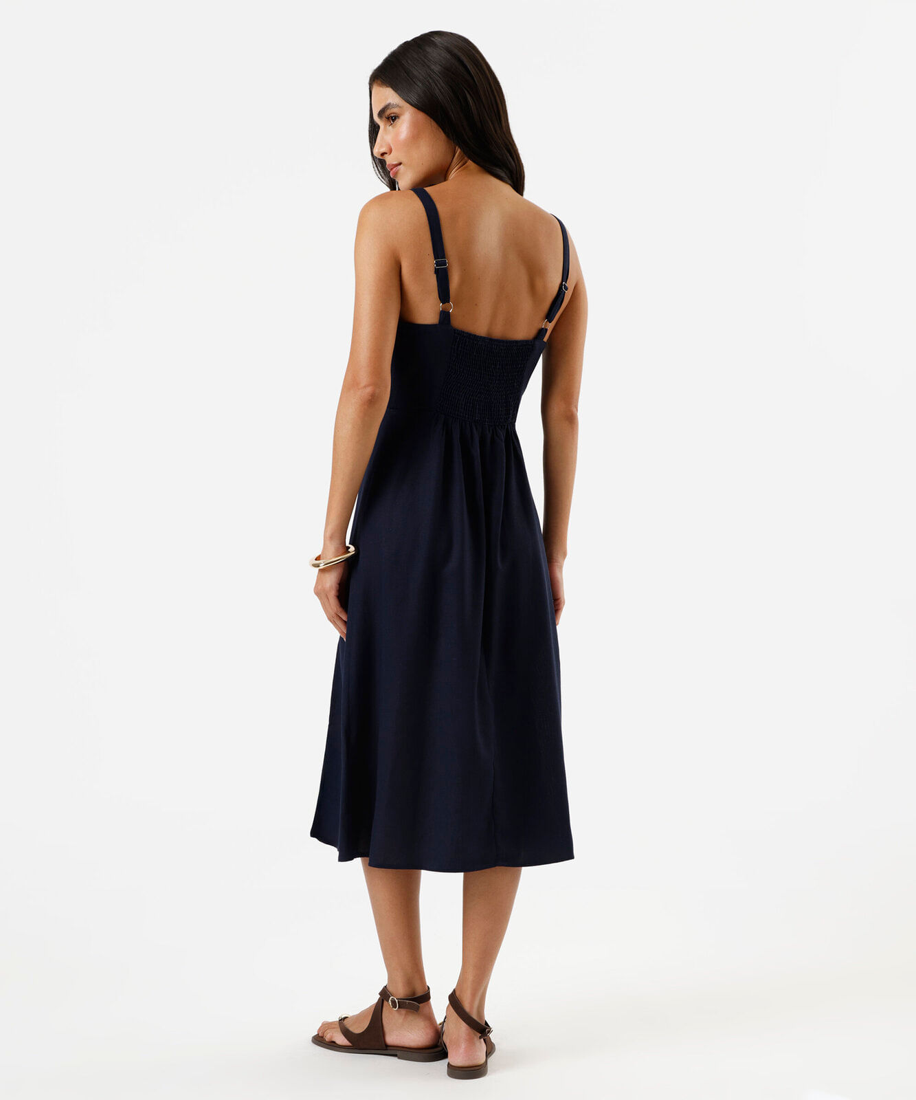 vestido midi feminino com linho e fenda azul