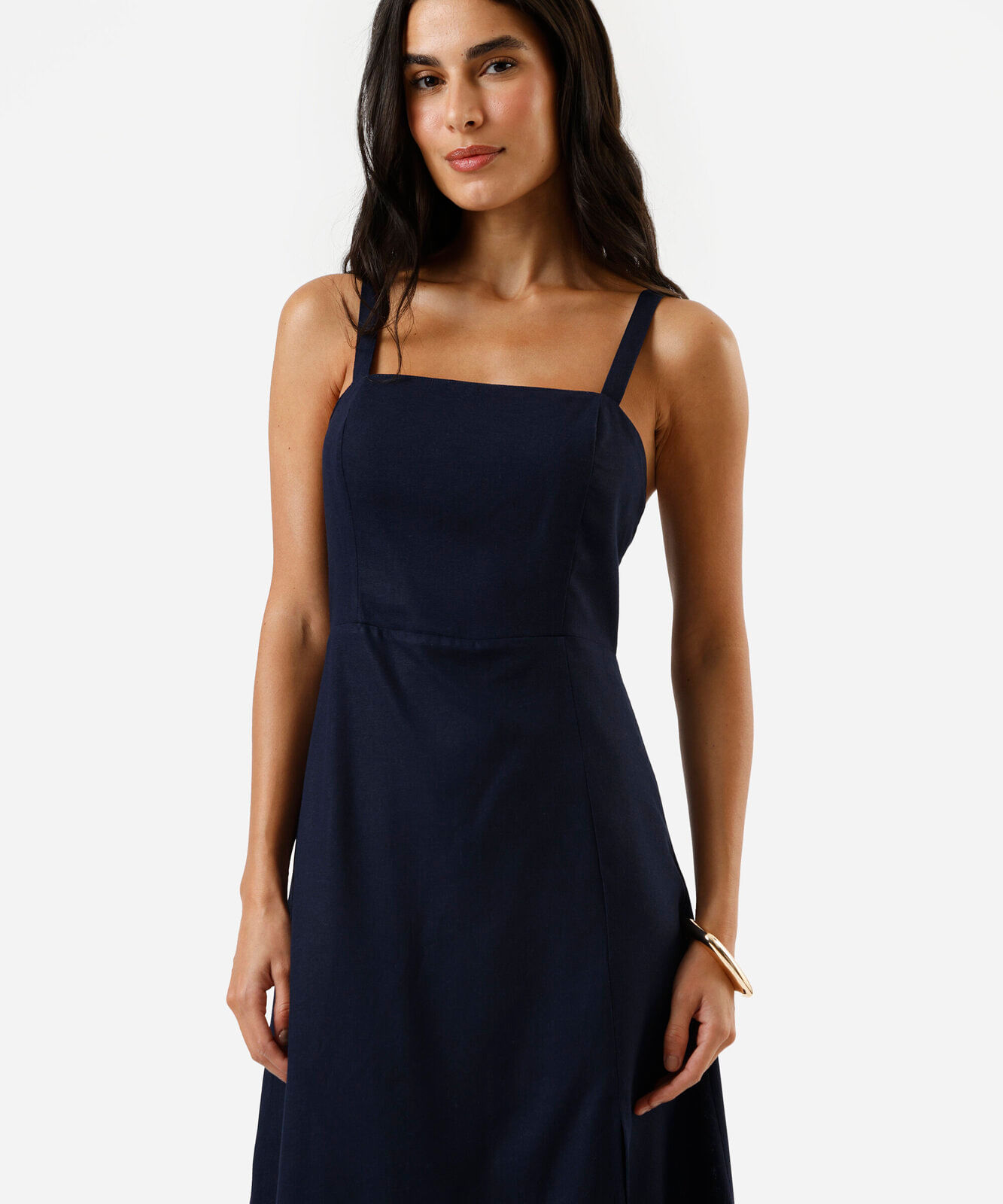 vestido midi feminino com linho e fenda azul