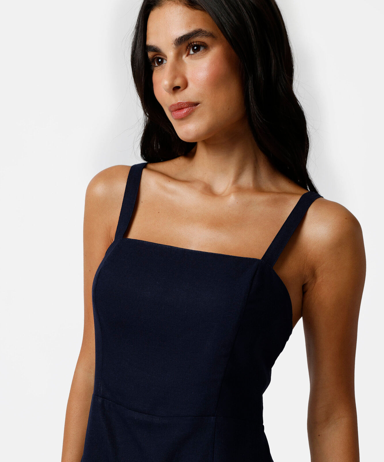 vestido midi feminino com linho e fenda azul