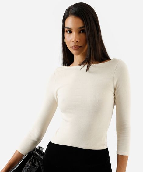 blusa feminina de algodão decote canoa canelada bege