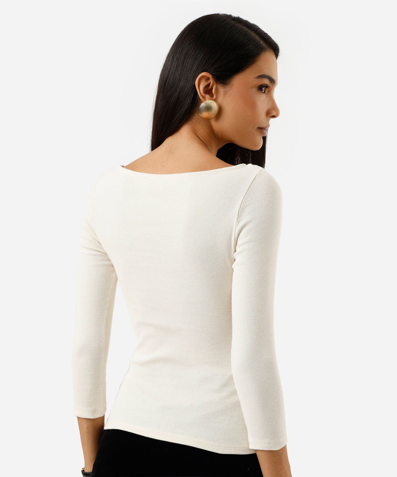 blusa feminina de algodão decote canoa canelada bege