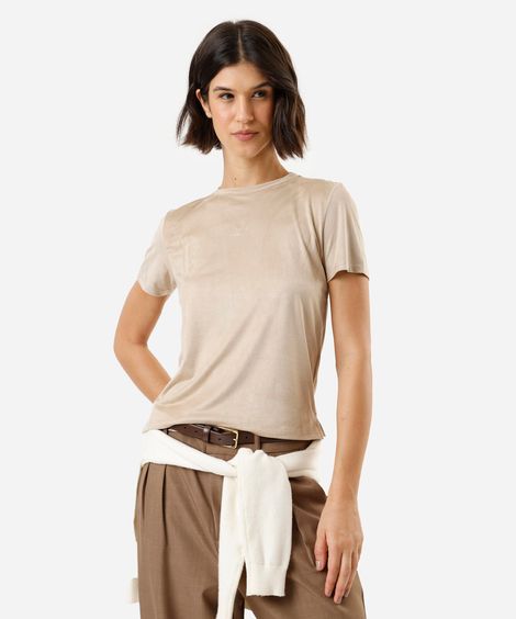 camiseta feminina de suede manga curta estampada bege