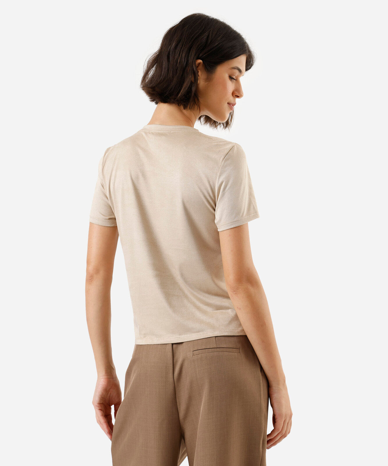camiseta feminina de suede manga curta estampada bege