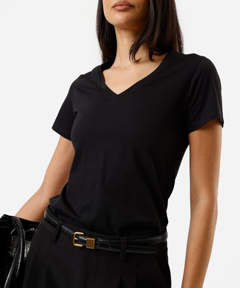 camiseta feminina de algodão decote v manga curta preta