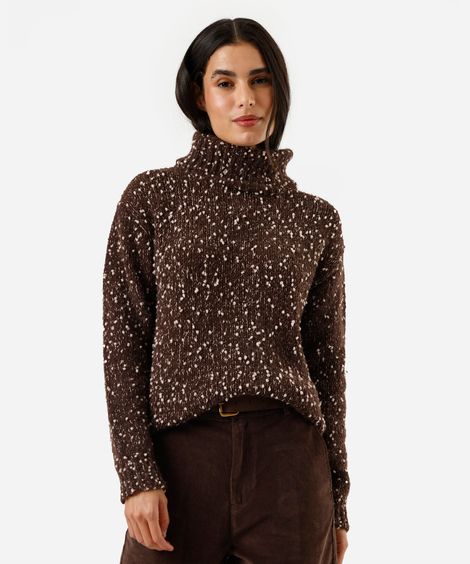 suéter feminino de tricot gola alta texturizado marrom