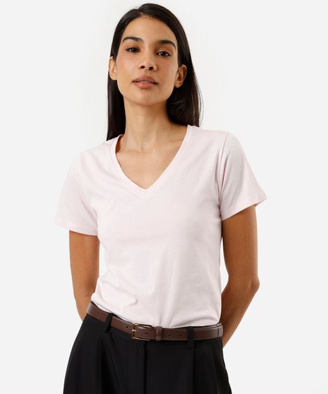 camiseta feminina de algodão decote v manga curta rosa
