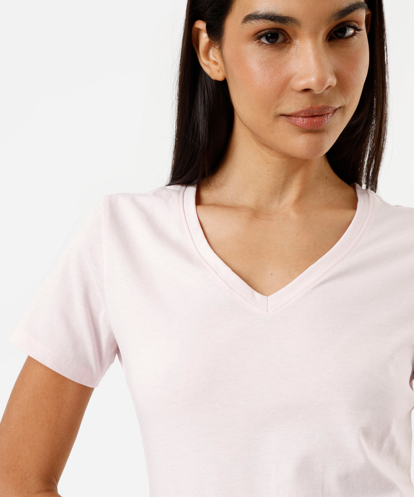 camiseta feminina de algodão decote v manga curta rosa