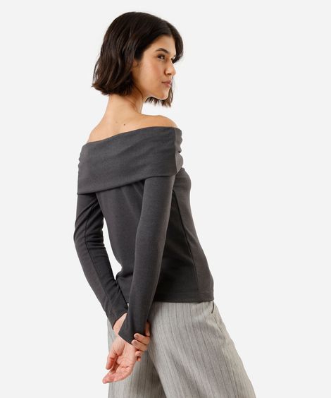 blusa feminina ombro a ombro manga longa com fivela cinza