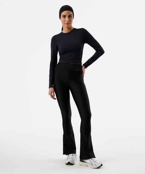 calça flare bailarina feminina de poliamida com fendas preta
