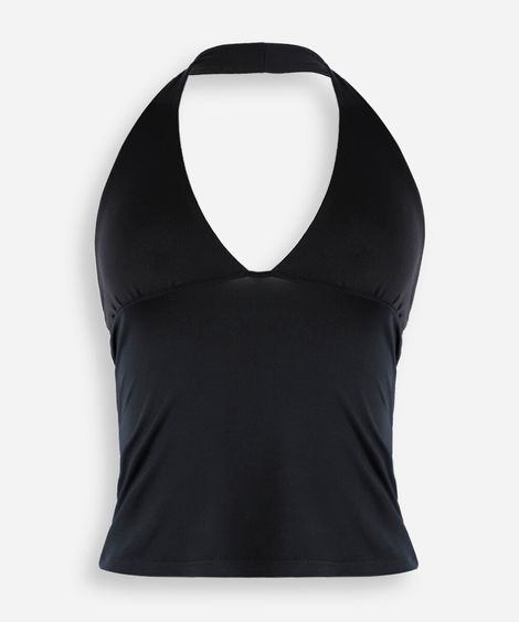 top halterneck cropped em poliamida lisa preta