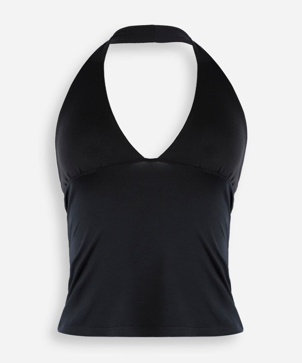 top halterneck cropped em poliamida lisa preta