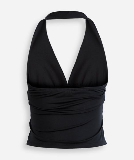 top halterneck cropped em poliamida lisa preta