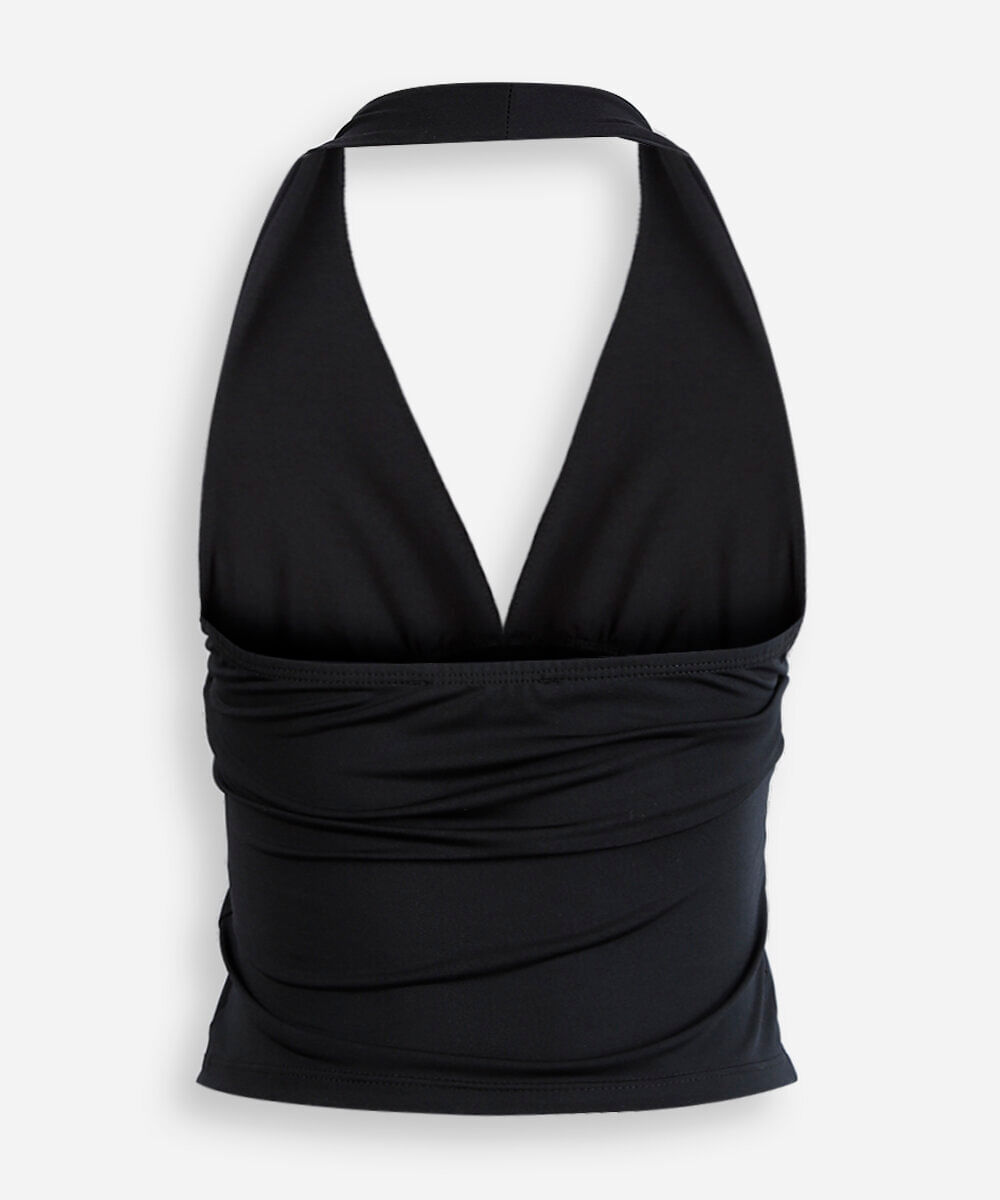 top halterneck cropped em poliamida lisa preta