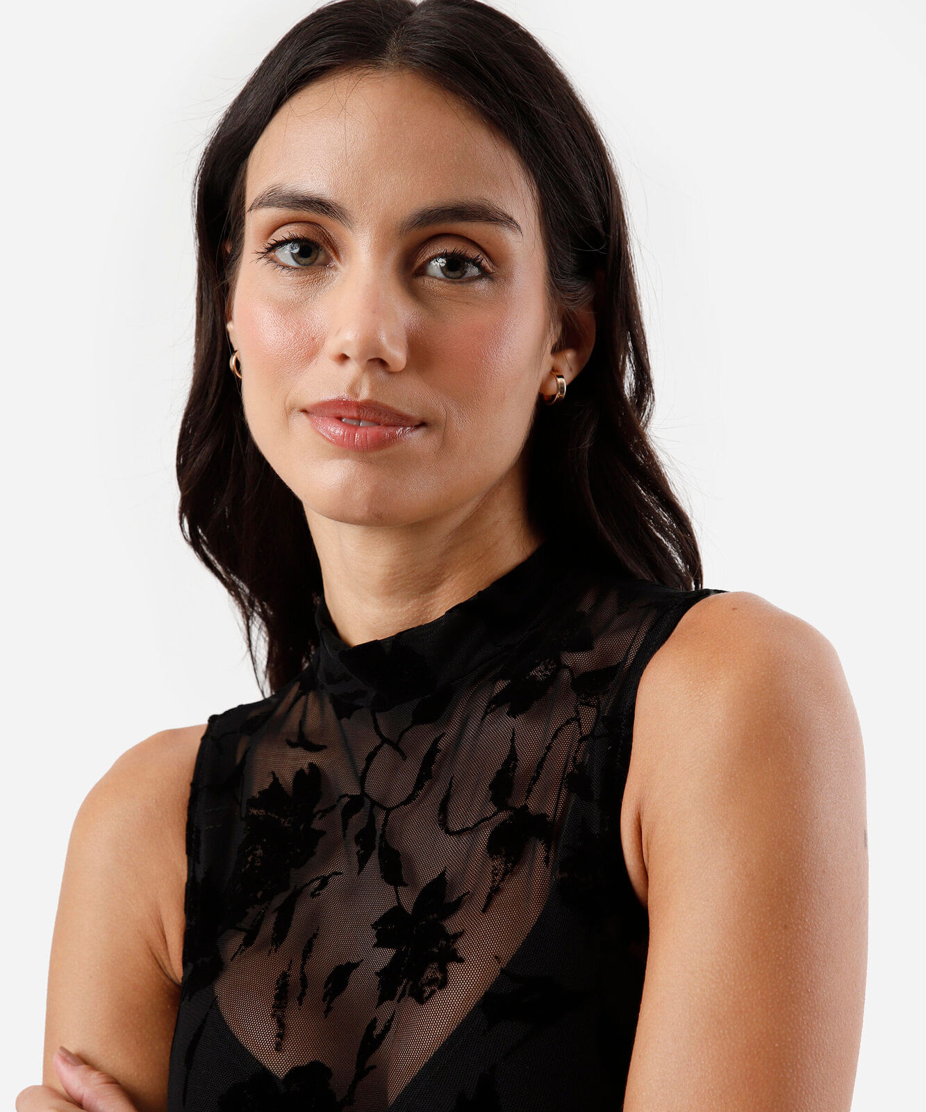 body feminino de tule floral texturizado preto