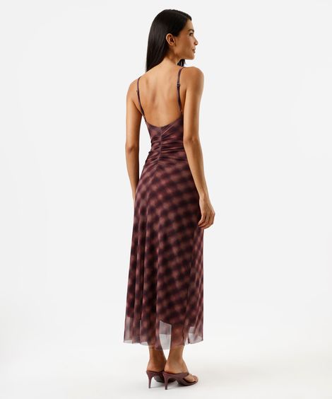 vestido longo feminino de tule franzido xadrez vinho