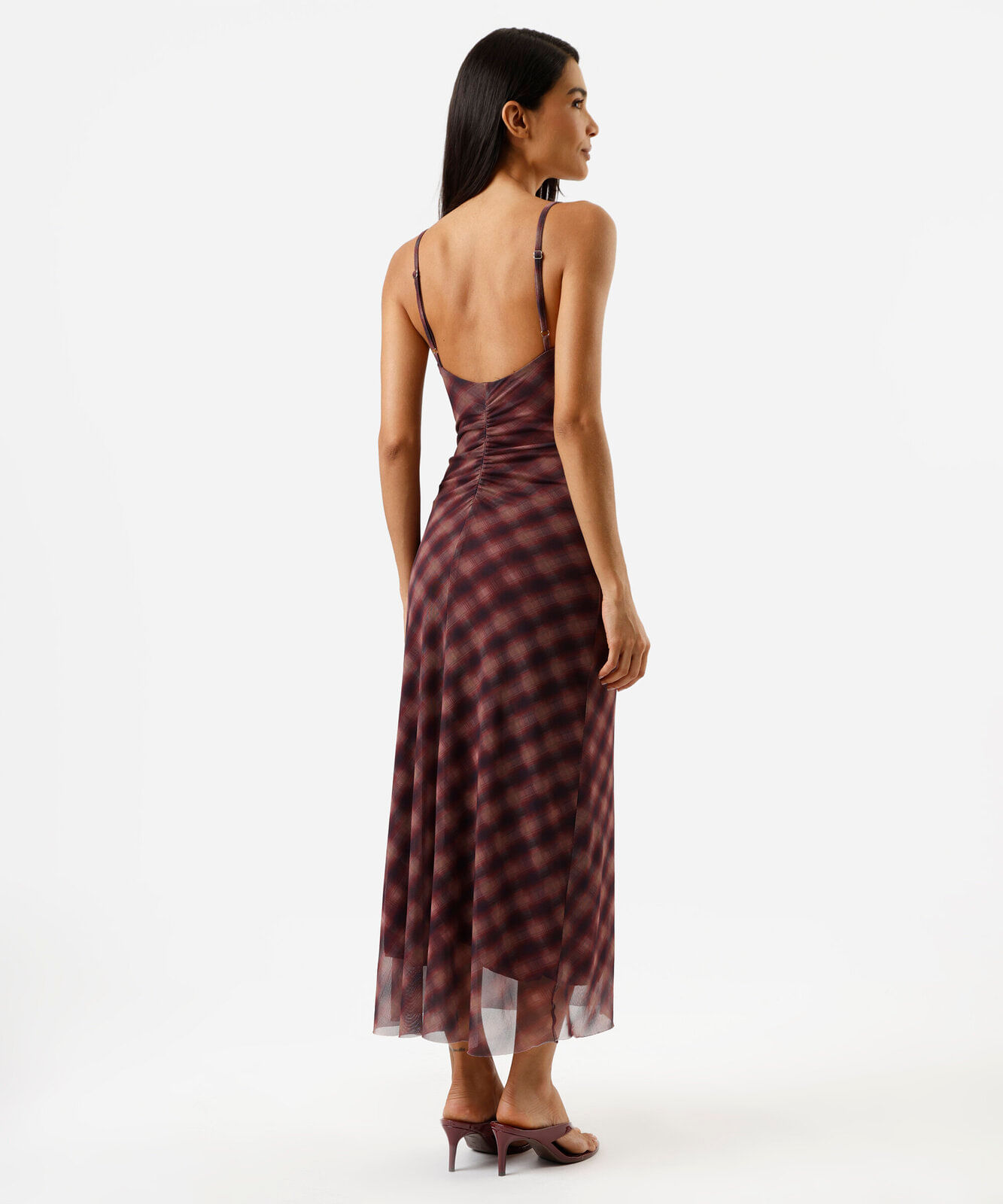 vestido longo feminino de tule franzido xadrez vinho