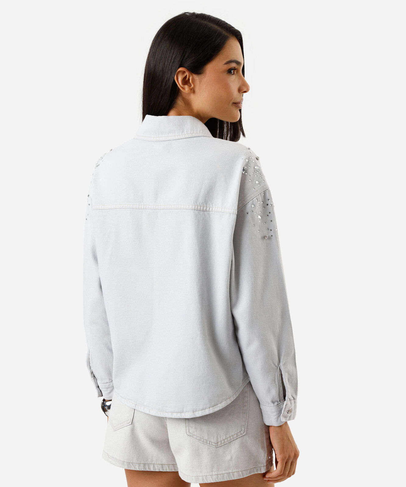camisa feminina jeans manga longa com brilhos cinza