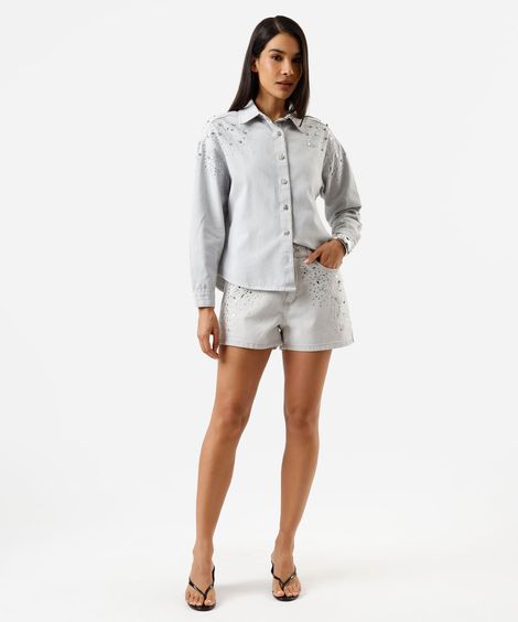 short mom feminino jeans com brilhos cintura alta cinza