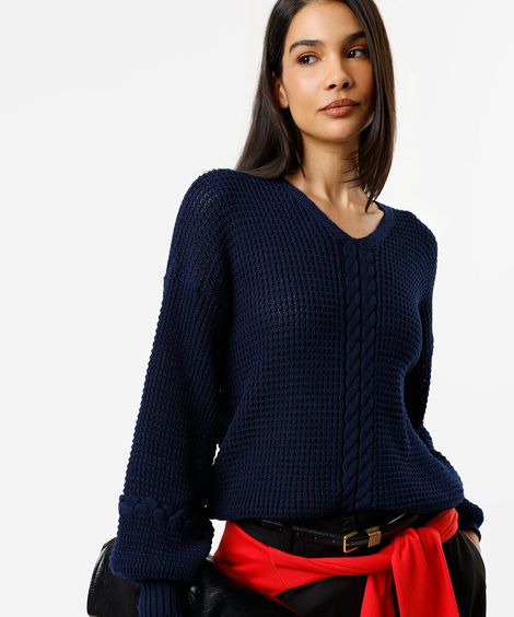 suéter feminino de tricot decote v texturizado azul