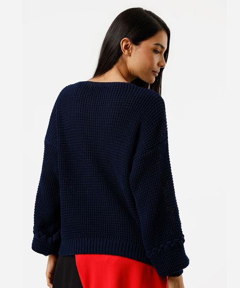 suéter feminino de tricot decote v texturizado azul